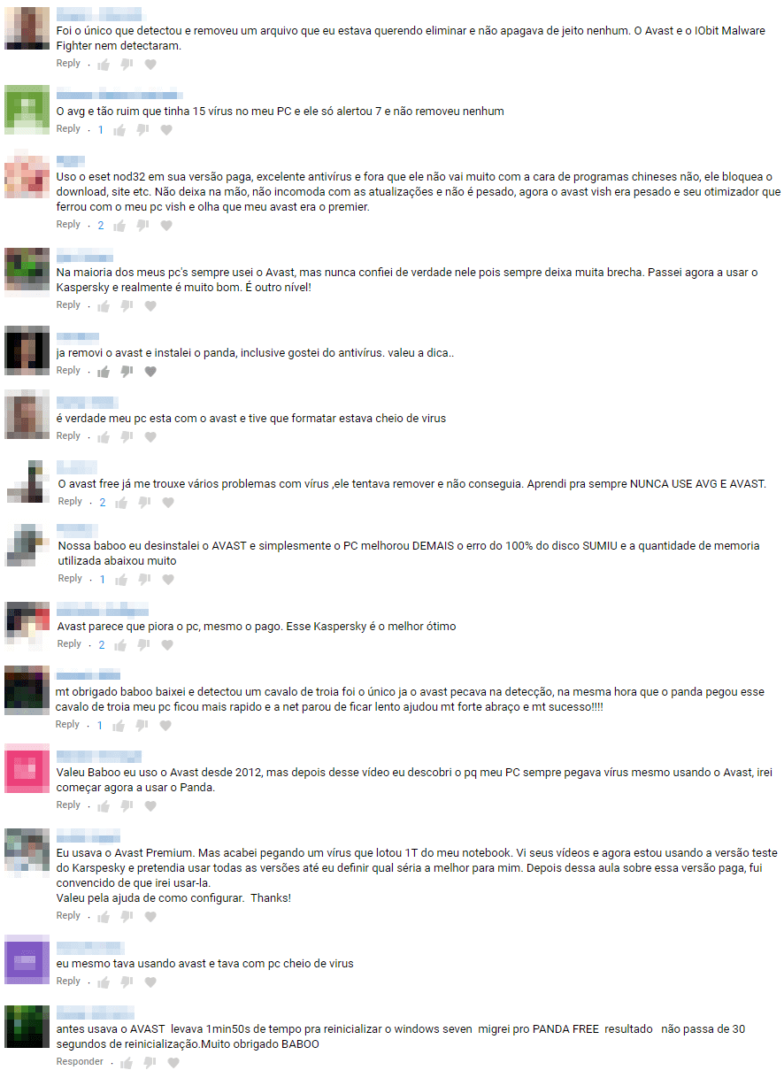 Alguns comentários dos internautas no meu canal do YouTube sobre o antivírus Avast/AVG