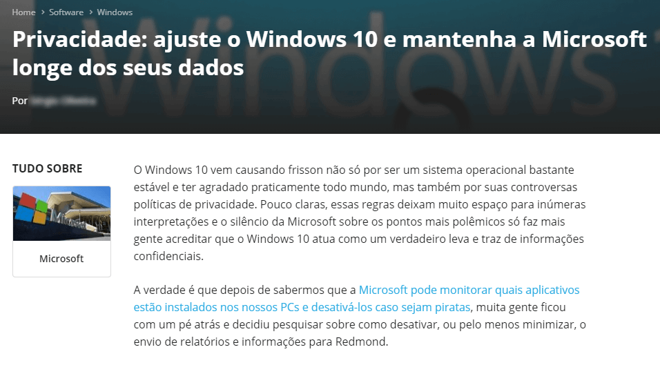 Telemetria do Windows 10 | Bobagens publicadas