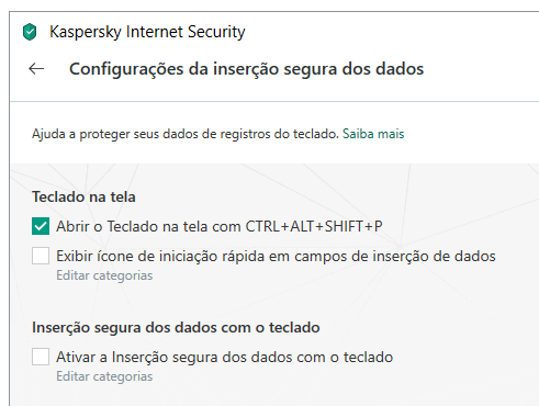 Kaspersky Internet Security 2019 | Inserção segura de dados OK