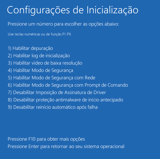 Modo de Segurança no Windows | Configurações de Inicialização: 1 a 9