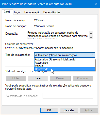 Soluções para o problema do disco 100% | Windows Search