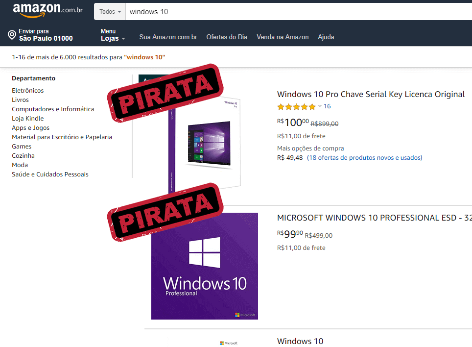 Amazon brasileira vendendo software pirata