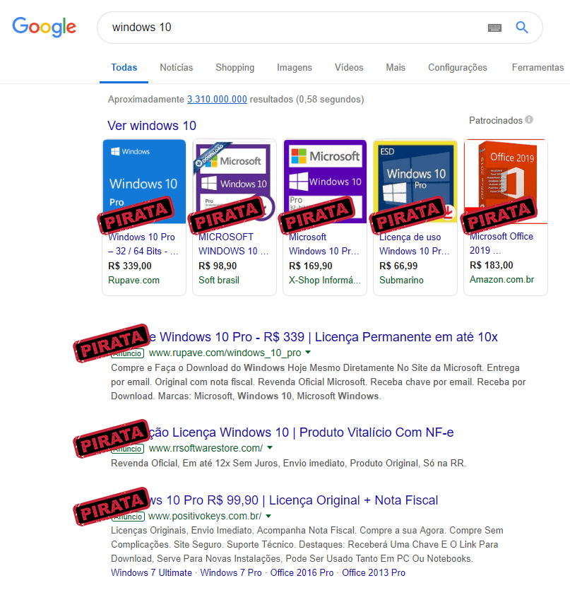 Google é o paraíso dos golpistas que vendem "chave original" do Windows 10