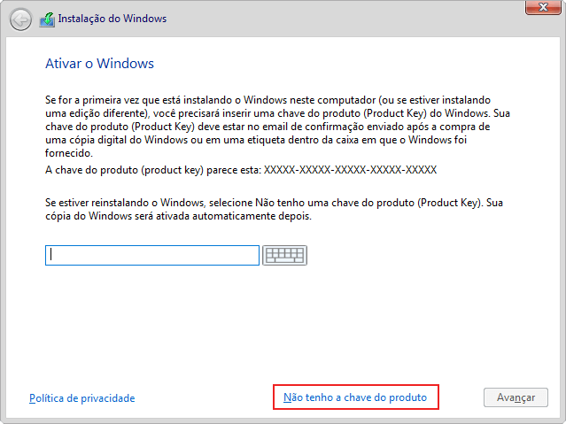 Instalação do Windows 10 sem chave de ativação