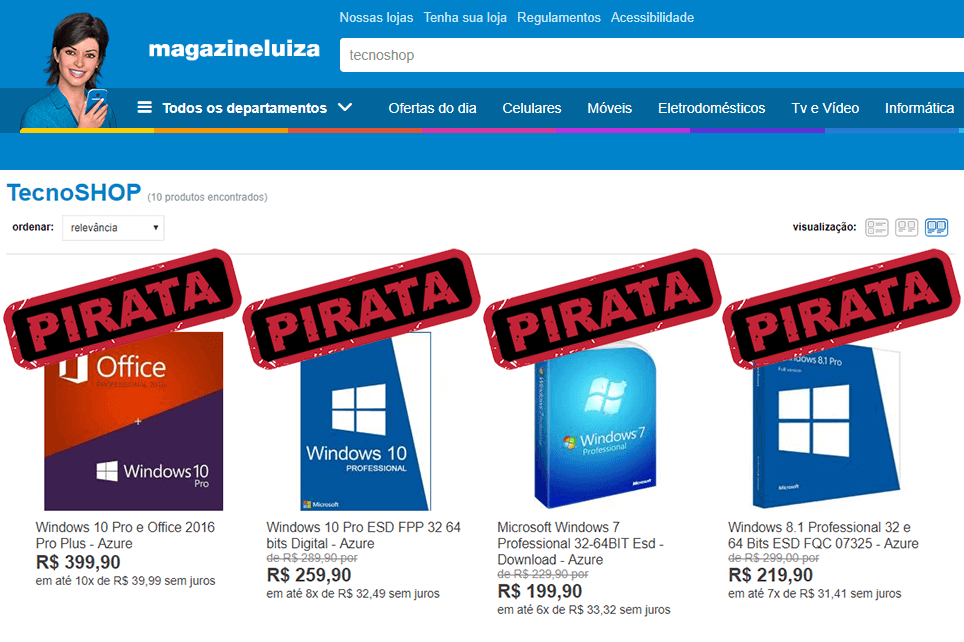 Magazine Luíza vendendo software pirata