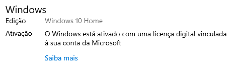 Windows 10 ativado com conta Microsoft