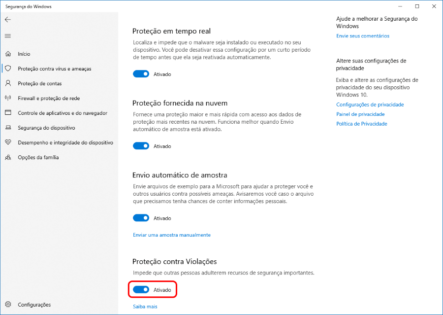 Como habilitar a Proteção contra Violações no Windows Defender do Windows 10