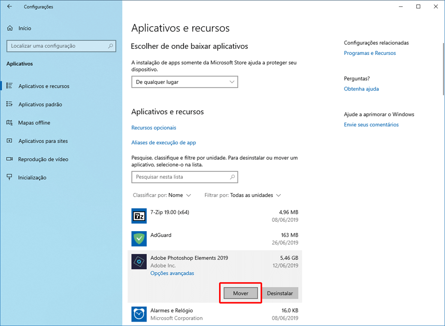 Como mover um aplicativo instalado no Windows 10 de um drive para outro