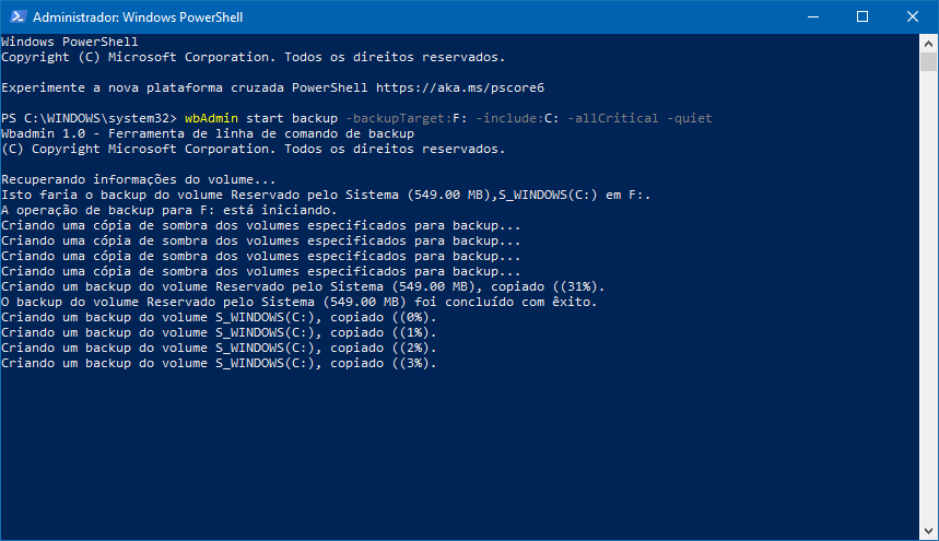 Como criar um backup usando a ferramenta wbAdmin no Windows 10