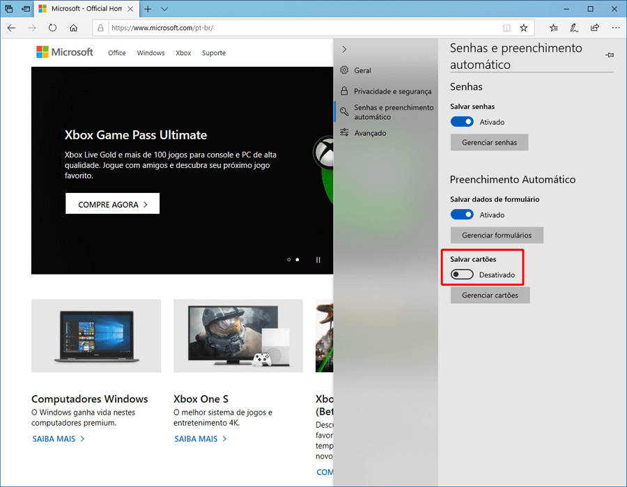 Como impedir que o Microsoft Edge no Windows 10 salve dados de cartões de crédito