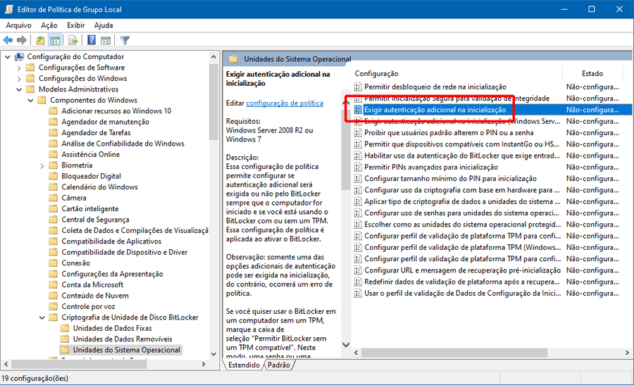 Como habilitar a criptografia de disco BitLocker no Windows 10 em um PC sem chip TPM