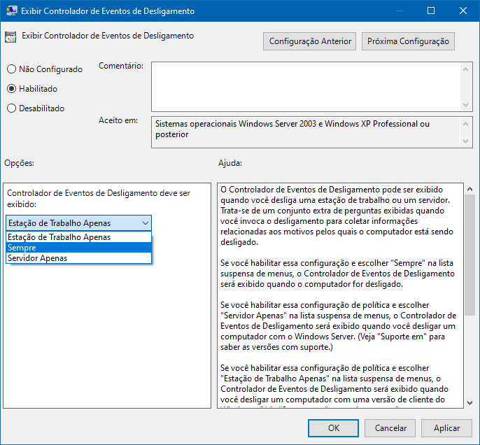 Como habilitar o Controlador de Eventos de Desligamento no Windows 10