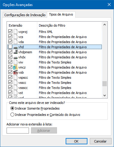 Como fazer a Pesquisa no Windows 10 parar de indexar um tipo de arquivo específico