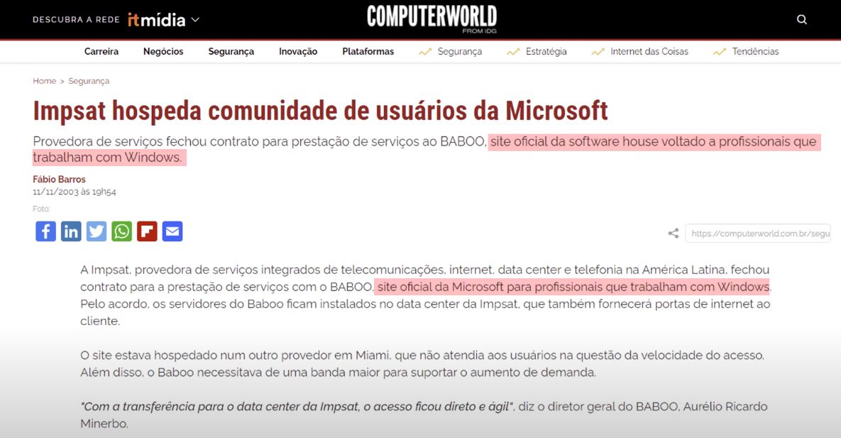 BABOO (não) era o “site oficial da Microsoft para profissionais que trabalham com Windows”
