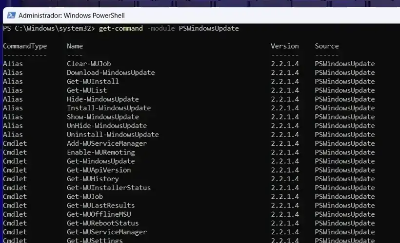 get-command -module PSWindowsUpdate