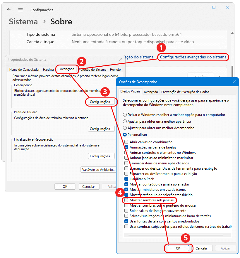 Como remover a sombra nas janelas do Windows 11