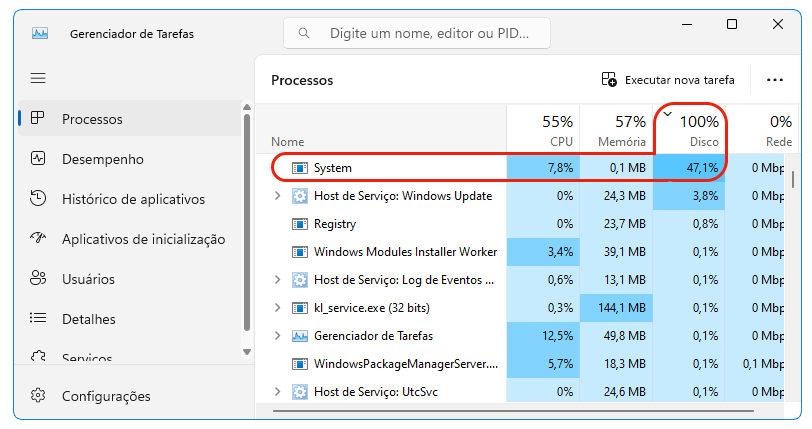 System usando 100% do disco: como resolver?