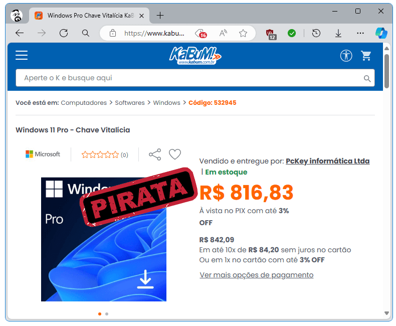 Kabum vende Windows pirata