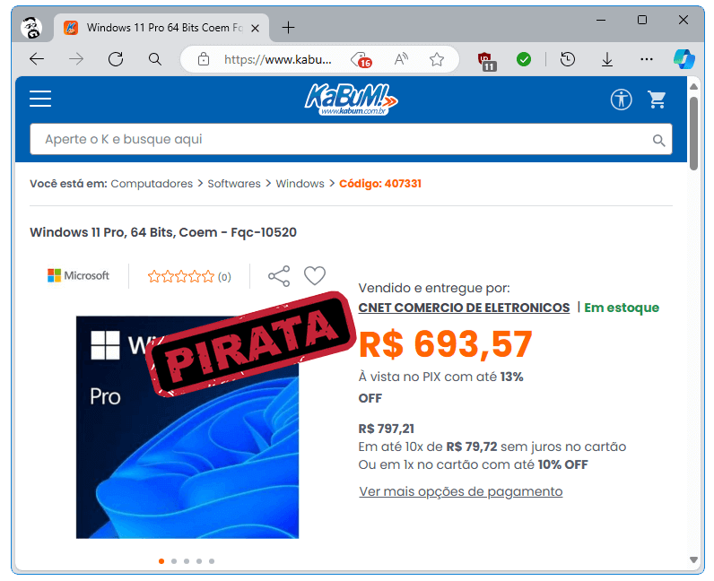 Kabum vende Windows pirata