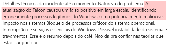 Desinformação. CrowdStrike: detalhes técnicos sobre a falha do apagão